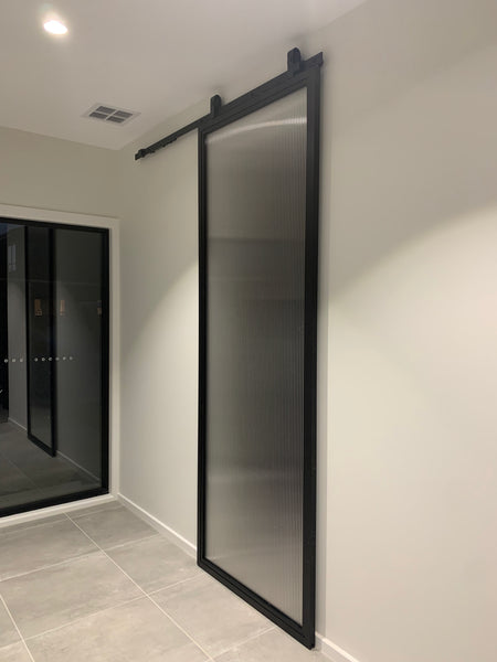 Steel Frame Reeded Glass Barn Door Package SG05