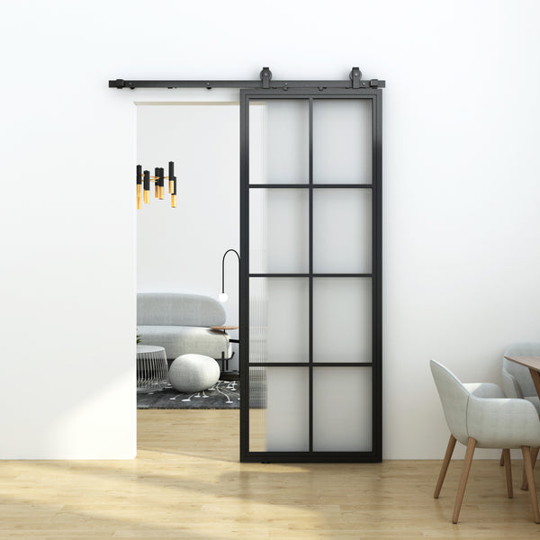 Steel Frame Reeded Glass Barn Door Package SG01R